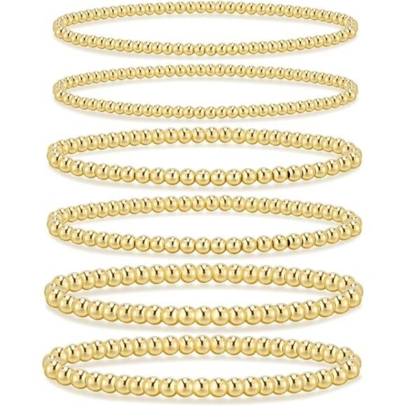 Jewelry - Gold Bracelets for Women Waterproof, 14K Gold Plated Beaded Strand Bead Ball